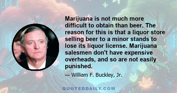 Marijuana is not much more difficult to obtain than beer. The reason for this is that a liquor store selling beer to a minor stands to lose its liquor license. Marijuana salesmen don't have expensive overheads, and so