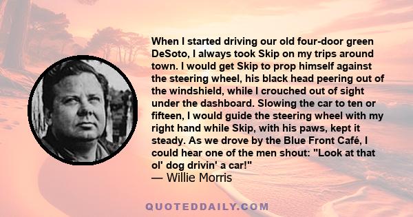 When I started driving our old four-door green DeSoto, I always took Skip on my trips around town. I would get Skip to prop himself against the steering wheel, his black head peering out of the windshield, while I