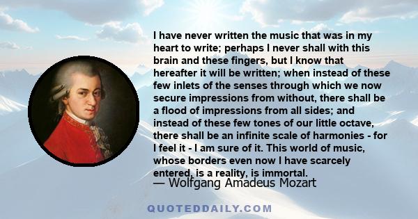 I have never written the music that was in my heart to write; perhaps I never shall with this brain and these fingers, but I know that hereafter it will be written; when instead of these few inlets of the senses through