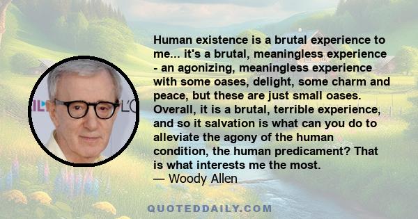 Human existence is a brutal experience to me... it's a brutal, meaningless experience - an agonizing, meaningless experience with some oases, delight, some charm and peace, but these are just small oases. Overall, it is