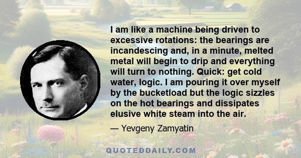 I am like a machine being driven to excessive rotations: the bearings are incandescing and, in a minute, melted metal will begin to drip and everything will turn to nothing. Quick: get cold water, logic. I am pouring it