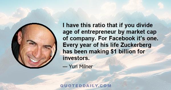 I have this ratio that if you divide age of entrepreneur by market cap of company. For Facebook it's one. Every year of his life Zuckerberg has been making $1 billion for investors.