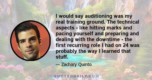 I would say auditioning was my real training ground. The technical aspects - like hitting marks and pacing yourself and preparing and dealing with the downtime - the first recurring role I had on 24 was probably the way