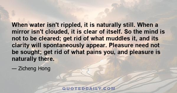 When water isn't rippled, it is naturally still. When a mirror isn't clouded, it is clear of itself. So the mind is not to be cleared; get rid of what muddles it, and its clarity will spontaneously appear. Pleasure need