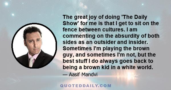 The great joy of doing 'The Daily Show' for me is that I get to sit on the fence between cultures. I am commenting on the absurdity of both sides as an outsider and insider. Sometimes I'm playing the brown guy, and