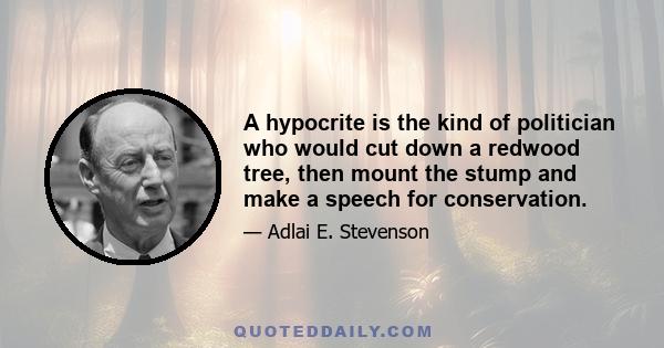 A hypocrite is the kind of politician who would cut down a redwood tree, then mount the stump and make a speech for conservation.