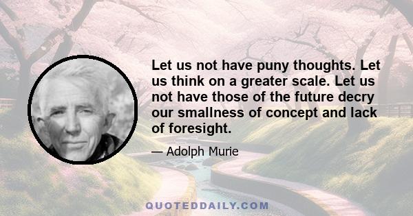 Let us not have puny thoughts. Let us think on a greater scale. Let us not have those of the future decry our smallness of concept and lack of foresight.