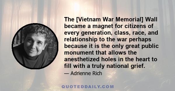 The [Vietnam War Memorial] Wall became a magnet for citizens of every generation, class, race, and relationship to the war perhaps because it is the only great public monument that allows the anesthetized holes in the