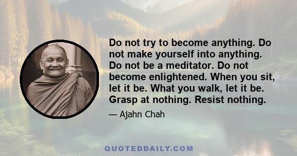 Do not try to become anything. Do not make yourself into anything. Do not be a meditator. Do not become enlightened. When you sit, let it be. What you walk, let it be. Grasp at nothing. Resist nothing.