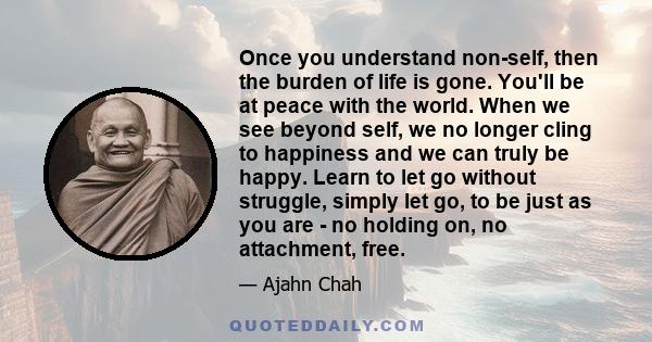 Once you understand non-self, then the burden of life is gone. You'll be at peace with the world. When we see beyond self, we no longer cling to happiness and we can truly be happy. Learn to let go without struggle,