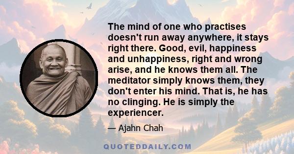 The mind of one who practises doesn't run away anywhere, it stays right there. Good, evil, happiness and unhappiness, right and wrong arise, and he knows them all. The meditator simply knows them, they don't enter his