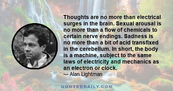 Thoughts are no more than electrical surges in the brain. Sexual arousal is no more than a flow of chemicals to certain nerve endings. Sadness is no more than a bit of acid transfixed in the cerebellum. In short, the