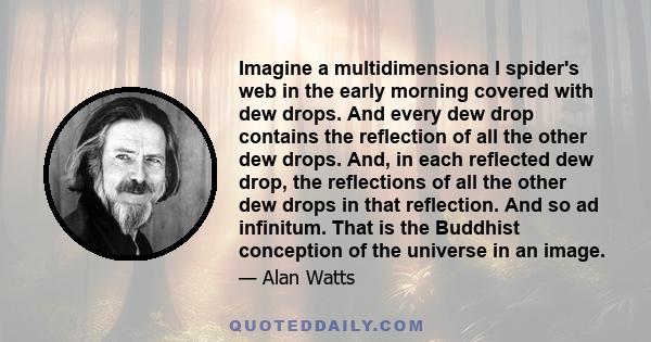 Imagine a multidimensiona l spider's web in the early morning covered with dew drops. And every dew drop contains the reflection of all the other dew drops. And, in each reflected dew drop, the reflections of all the