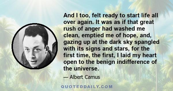 And I too, felt ready to start life all over again. It was as if that great rush of anger had washed me clean, emptied me of hope, and, gazing up at the dark sky spangled with its signs and stars, for the first time,