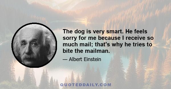 The dog is very smart. He feels sorry for me because I receive so much mail; that's why he tries to bite the mailman.