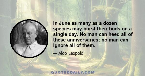 In June as many as a dozen species may burst their buds on a single day. No man can heed all of these anniversaries; no man can ignore all of them.