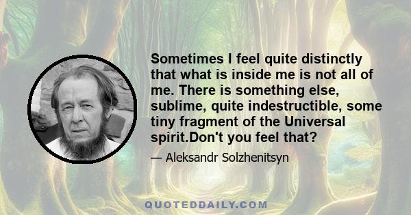 Sometimes I feel quite distinctly that what is inside me is not all of me. There is something else, sublime, quite indestructible, some tiny fragment of the Universal spirit.Don't you feel that?