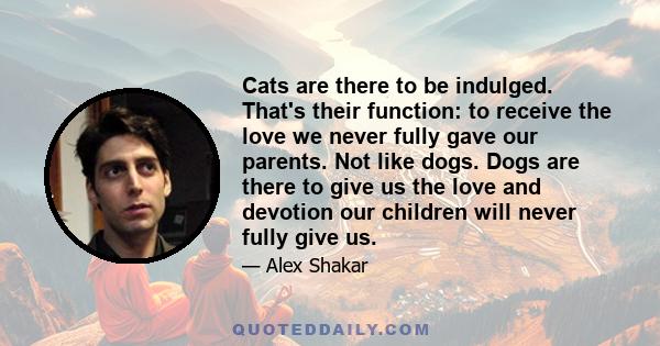 Cats are there to be indulged. That's their function: to receive the love we never fully gave our parents. Not like dogs. Dogs are there to give us the love and devotion our children will never fully give us.