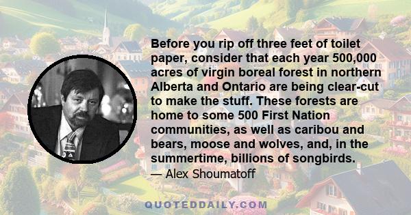 Before you rip off three feet of toilet paper, consider that each year 500,000 acres of virgin boreal forest in northern Alberta and Ontario are being clear-cut to make the stuff. These forests are home to some 500