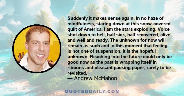 Suddenly it makes sense again. In no haze of mindfulness, staring down at this snow-covered quilt of America, I am the stars exploding. Voice shot down to hell, half sick, half recovered, alive and well and ready. The