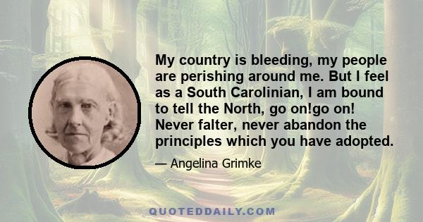 My country is bleeding, my people are perishing around me. But I feel as a South Carolinian, I am bound to tell the North, go on!go on! Never falter, never abandon the principles which you have adopted.