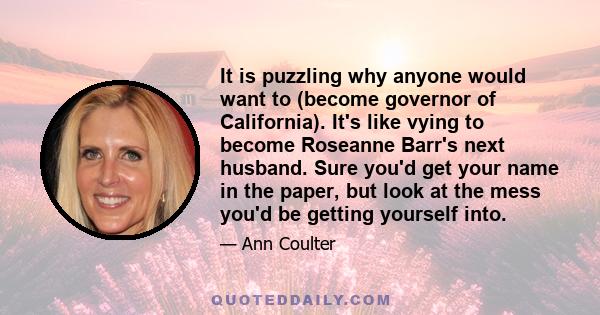 It is puzzling why anyone would want to (become governor of California). It's like vying to become Roseanne Barr's next husband. Sure you'd get your name in the paper, but look at the mess you'd be getting yourself into.