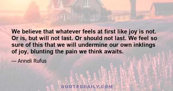 We believe that whatever feels at first like joy is not. Or is, but will not last. Or should not last. We feel so sure of this that we will undermine our own inklings of joy, blunting the pain we think awaits.