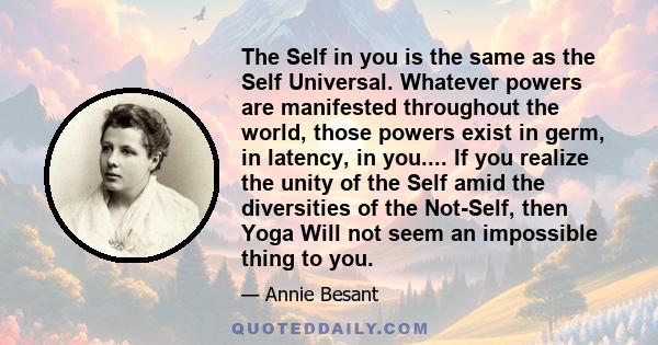 The Self in you is the same as the Self Universal. Whatever powers are manifested throughout the world, those powers exist in germ, in latency, in you.... If you realize the unity of the Self amid the diversities of the 