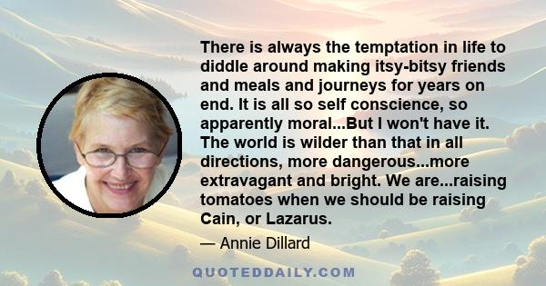 There is always the temptation in life to diddle around making itsy-bitsy friends and meals and journeys for years on end. It is all so self conscience, so apparently moral...But I won't have it. The world is wilder