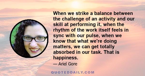 When we strike a balance between the challenge of an activity and our skill at performing it, when the rhythm of the work itself feels in sync with our pulse, when we know that what we're doing matters, we can get