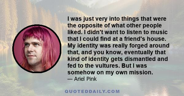 I was just very into things that were the opposite of what other people liked. I didn't want to listen to music that I could find at a friend's house. My identity was really forged around that, and you know, eventually