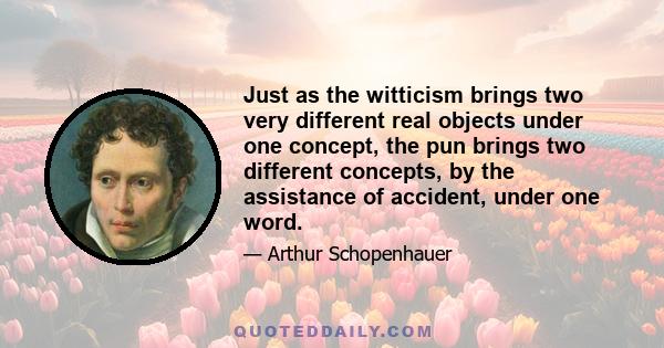 Just as the witticism brings two very different real objects under one concept, the pun brings two different concepts, by the assistance of accident, under one word.