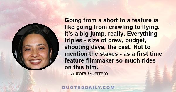 Going from a short to a feature is like going from crawling to flying. It's a big jump, really. Everything triples - size of crew, budget, shooting days, the cast. Not to mention the stakes - as a first time feature