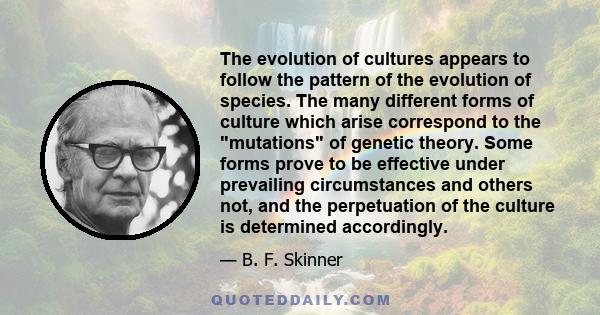 The evolution of cultures appears to follow the pattern of the evolution of species. The many different forms of culture which arise correspond to the mutations of genetic theory. Some forms prove to be effective under