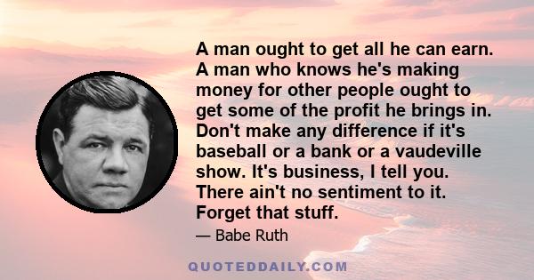 A man ought to get all he can earn. A man who knows he's making money for other people ought to get some of the profit he brings in. Don't make any difference if it's baseball or a bank or a vaudeville show. It's