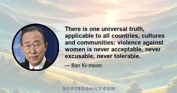 There is one universal truth, applicable to all countries, cultures and communities: violence against women is never acceptable, never excusable, never tolerable.