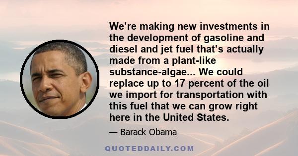 We’re making new investments in the development of gasoline and diesel and jet fuel that’s actually made from a plant-like substance-algae... We could replace up to 17 percent of the oil we import for transportation