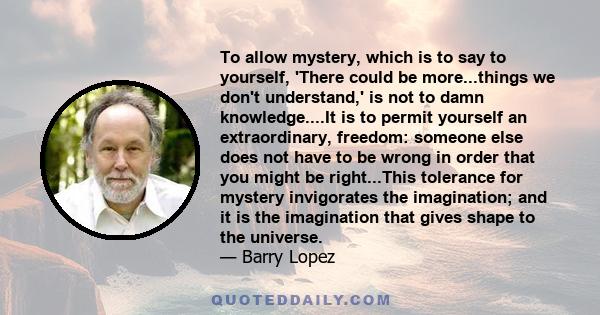 To allow mystery, which is to say to yourself, 'There could be more...things we don't understand,' is not to damn knowledge....It is to permit yourself an extraordinary, freedom: someone else does not have to be wrong