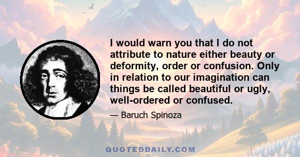 I would warn you that I do not attribute to nature either beauty or deformity, order or confusion. Only in relation to our imagination can things be called beautiful or ugly, well-ordered or confused.