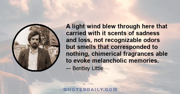 A light wind blew through here that carried with it scents of sadness and loss, not recognizable odors but smells that corresponded to nothing, chimerical fragrances able to evoke melancholic memories.