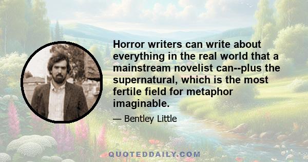 Horror writers can write about everything in the real world that a mainstream novelist can--plus the supernatural, which is the most fertile field for metaphor imaginable.