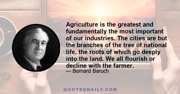 Agriculture is the greatest and fundamentally the most important of our industries. The cities are but the branches of the tree of national life, the roots of which go deeply into the land. We all flourish or decline