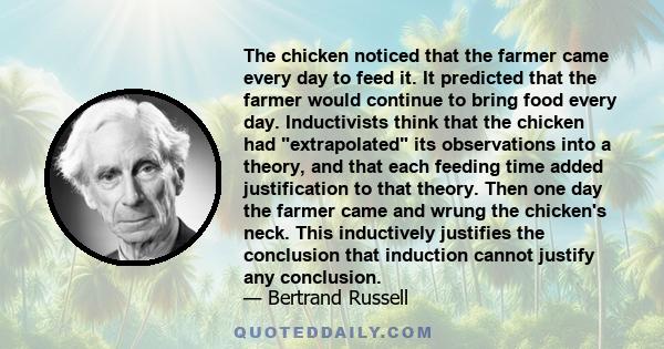 The chicken noticed that the farmer came every day to feed it. It predicted that the farmer would continue to bring food every day. Inductivists think that the chicken had extrapolated its observations into a theory,