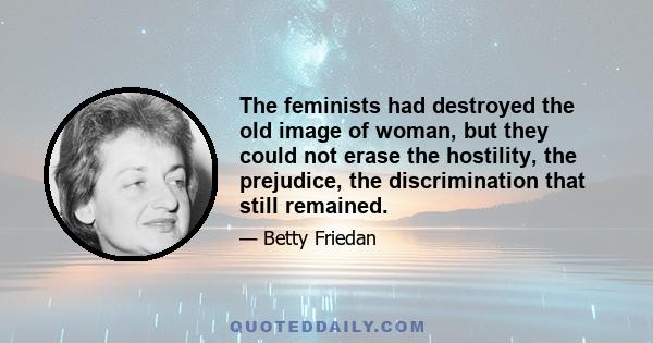 The feminists had destroyed the old image of woman, but they could not erase the hostility, the prejudice, the discrimination that still remained.