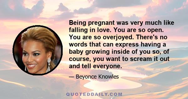 Being pregnant was very much like falling in love. You are so open. You are so overjoyed. There's no words that can express having a baby growing inside of you so, of course, you want to scream it out and tell everyone.