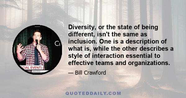 Diversity, or the state of being different, isn't the same as inclusion. One is a description of what is, while the other describes a style of interaction essential to effective teams and organizations.