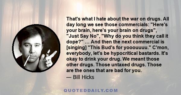 That's what I hate about the war on drugs. All day long we see those commercials: Here's your brain, here's your brain on drugs, Just Say No, Why do you think they call it dope? … And then the next commercial is