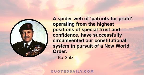 A spider web of 'patriots for profit', operating from the highest positions of special trust and confidence, have successfully circumvented our constitutional system in pursuit of a New World Order.