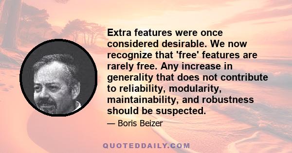 Extra features were once considered desirable. We now recognize that 'free' features are rarely free. Any increase in generality that does not contribute to reliability, modularity, maintainability, and robustness