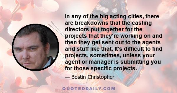 In any of the big acting cities, there are breakdowns that the casting directors put together for the projects that they're working on and then they get sent out to the agents and stuff like that. It's difficult to find 